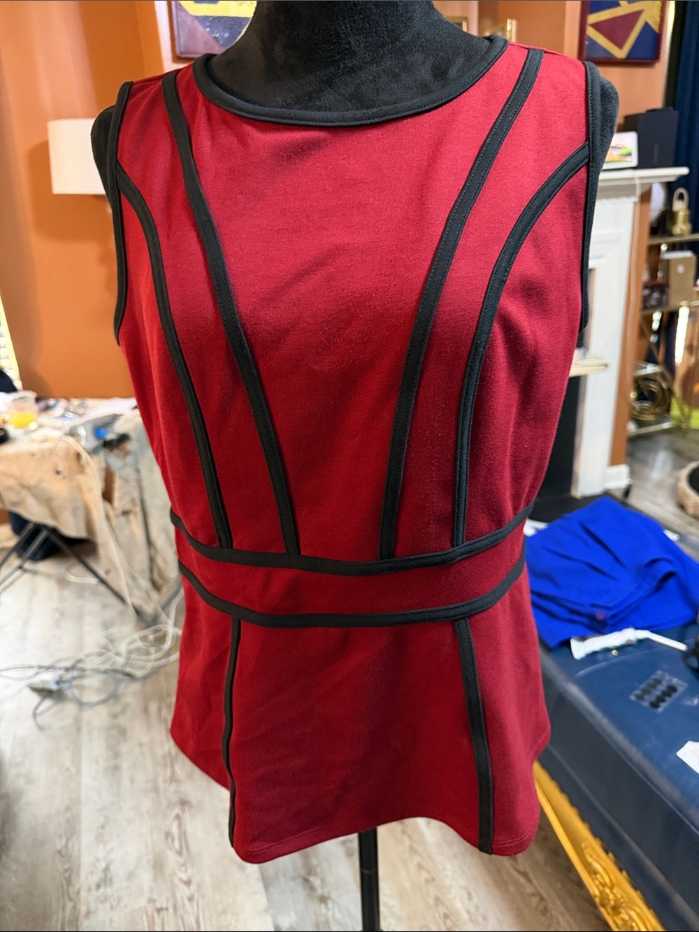 7th Ave NY&Co Sleeveless Red Peplum Top with Black Trim